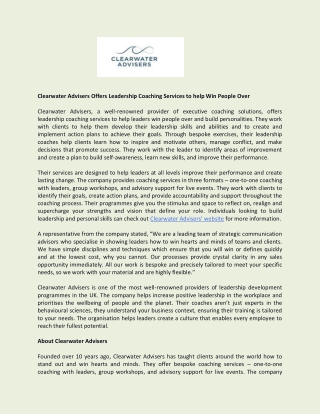 Clearwater Advisers Offers Leadership Coaching Services to help Win People Over