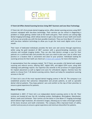 CT Dent Ltd Offers Dental Scanning Services Using CBCT Scanners and Low-Dose Technology