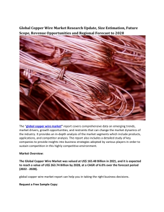 Global Copper Wire Market Research Update, Size Estimation, Future Scope