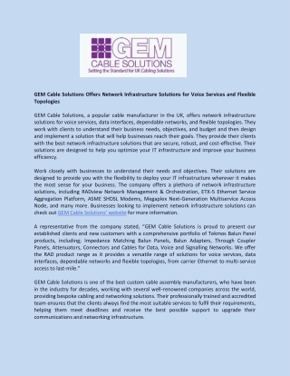 GEM Cable Solutions Offers Network Infrastructure Solutions for Voice Services and Flexible Topologies