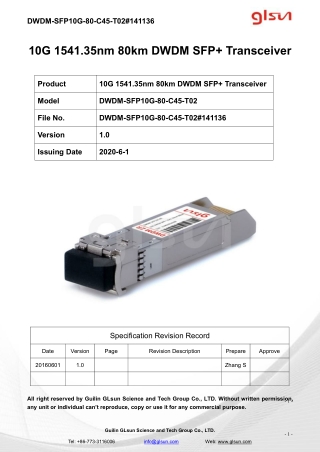 10G 1541.35nm 80km DWDM SFP  Transceiver