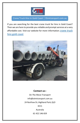 Crane Truck Hire in Gold Coast | Otmtransport.com.au