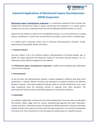 Industrial Applications of Mechanical Vapour Recompression (Mvr) Evaporator