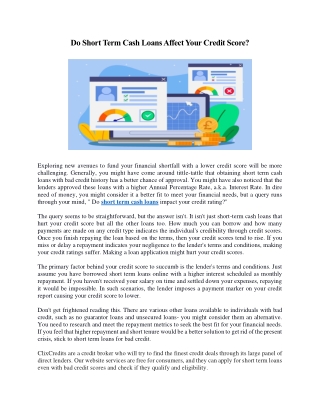 Do Short Term Cash Loans Affect Your Credit Score