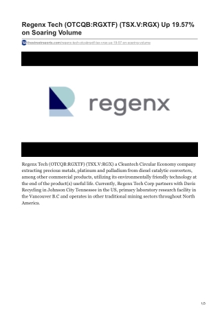 Regenx Tech OTCQBRGXTF TSXVRGX Up 1957 on Soaring Volume