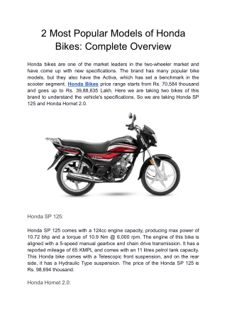 2 Most Popular Models of Honda Bikes: Complete Overview