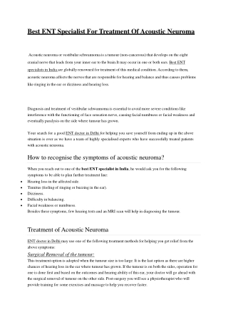 Best ENT Specialist For Treatment Of Acoustic Neuroma