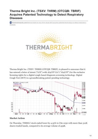 Therma Bright Inc TSXV THRM OTCQB TBRIF Acquires Patented Technology to Detect Respiratory Diseases