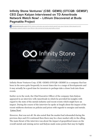 Infinity Stone Ventures CSE GEMS OTCQB GEMSF CEO Zayn Kalyan Interviewed on TD Ameritrade Network