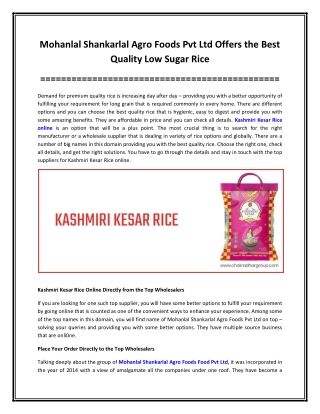 Mohanlal Shankarlal Agro Foods Pvt Ltd Offers the Best Quality Low Sugar Rice