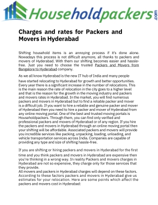 Charges and rates for Packers and Movers in Hyderabad