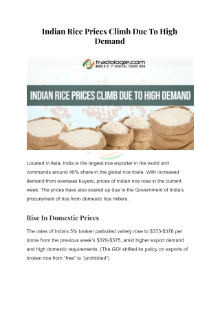 Indian Rice Prices Climb Due To High Demand