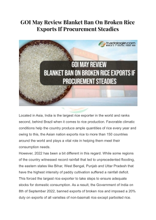 GOI May Review Blanket Ban On Broken Rice Exports If Procurement Steadies