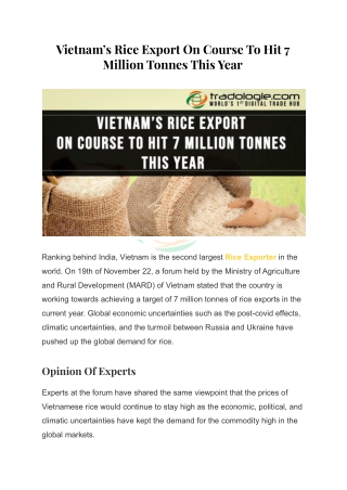Vietnam’s Rice Export On Course To Hit 7 Million Tonnes This Year