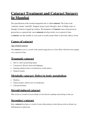 Cataract Treatment and Cataract Surgery In Mumbai