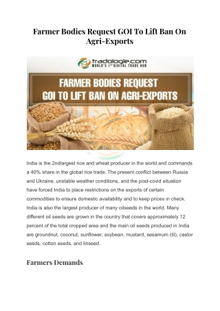Farmer Bodies Request GOI To Lift Ban On Agri-Exports