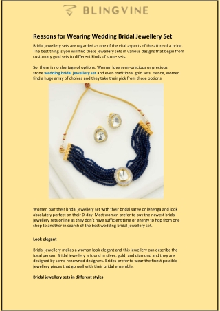 Reasons for Wearing Wedding Bridal Jewellery Set