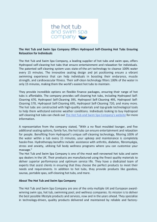 The Hot Tub and Swim Spa Company Offers Hydropool Self-Cleaning Hot Tubs Ensuring Relaxation for Individuals