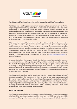 Volt Singapore Offers Recruitment Services for Engineering and Manufacturing Sector