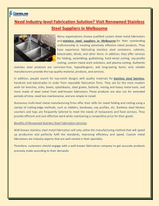 Need Industry-level Fabrication Solution Visit Renowned Stainless Steel Suppliers in Melbourne