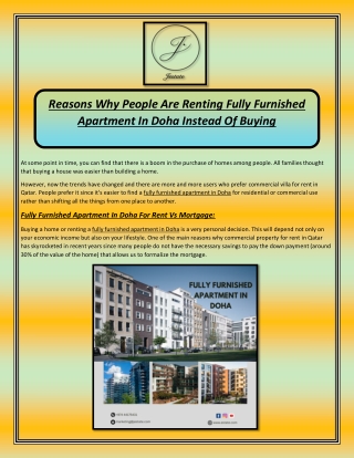 Reasons Why People Are Renting Fully Furnished Apartment In Doha Instead Of Buying