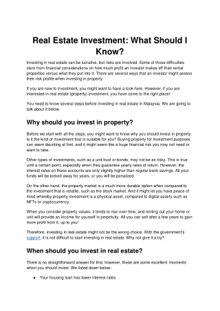 Real Estate Investment What Should I Know?