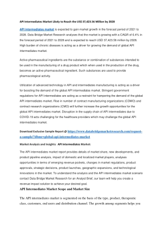 API Intermediates Market Likely to Reach the US 37,423.56 Million by 2028
