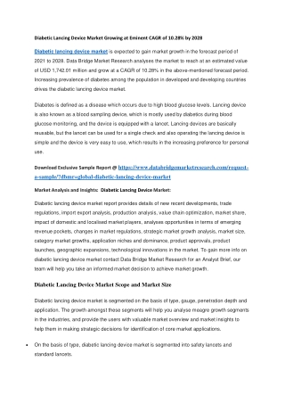 Diabetic Lancing Device Market Growing at Eminent CAGR of 10.28 by 2028