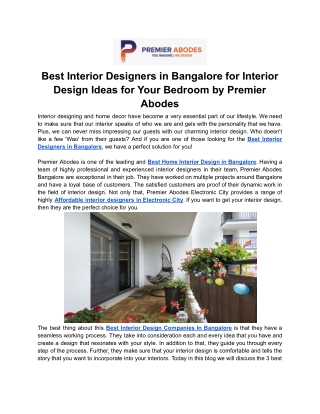 Best Interior Designers in Bangalore for Interior Design Ideas for Your Bedroom by Premier Abodes