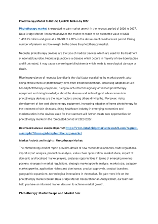 Phototherapy Market to Hit US 1,460.95 Million by 2027