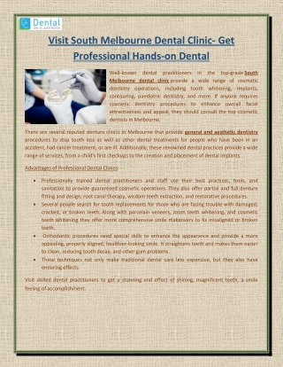 Visit South Melbourne Dental Clinic- Get Professional Hands-on Dental