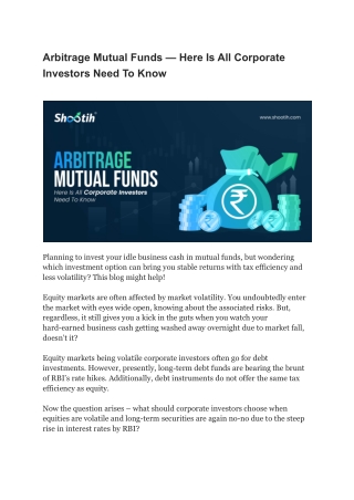 Arbitrage Mutual Funds — Here Is All Corporate Investors Need To Know