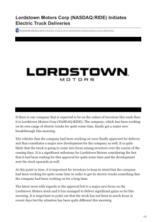 Lordstown Motors Corp NASDAQRIDE Initiates Electric Truck Deliveries