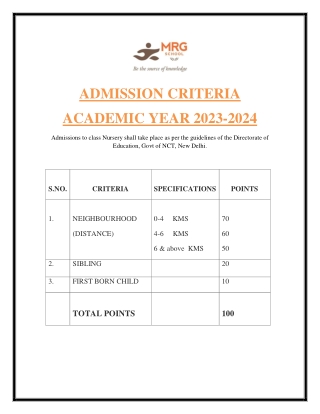 ADMISSION CRITERION 2023-24- MRG School Rohini