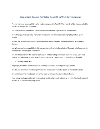 Important Reason for Using React.JS in Web Development