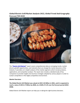 Global Electric Grill Market Analysis 2022, Global Trend And Geography Forecast