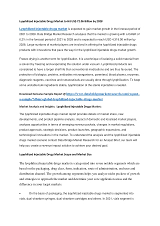 Lyophilized Injectable Drugs Market to Hit US 72.06 Billion by 2028