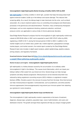 Immunoglobulin A (IgA) Nephropathy Market Growing at Healthy CAGR of 20 by 2029