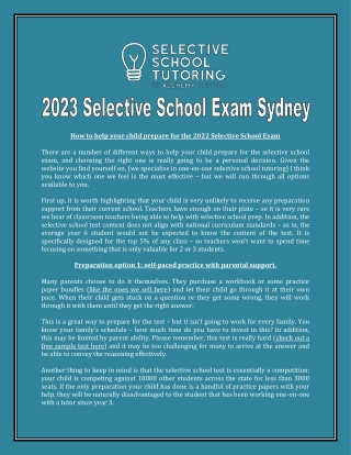 2023 Selective School Exam Sydney