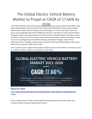 The Global Electric Vehicle Battery Market to Propel at CAGR of 17.66% by 2028