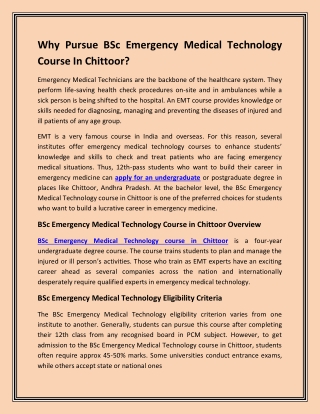 Why Pursue BSc Emergency Medical Technology Course In Chittoor?