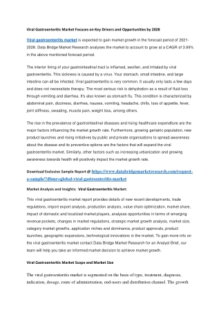 Viral Gastroenteritis Market Focuses on Key Drivers and Opportunities by 2028