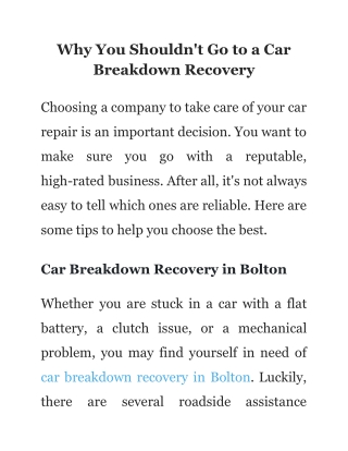 Why You Shouldn't Go to a Car Breakdown Recovery