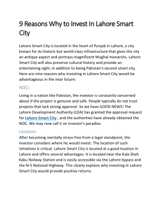 9 Reasons Why to Invest In Lahore Smart City
