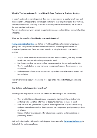What Is The Importance Of Local Health Care Centres In Today's Society