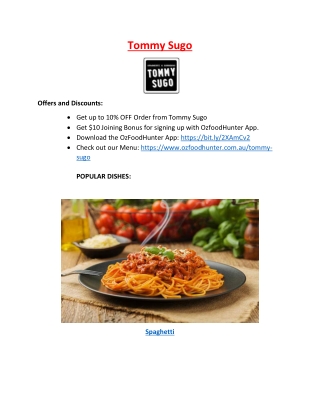 Up to 10% off order now - Tommy Sugo Menu Nedlands