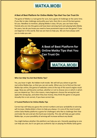 A Best of Best Platform for Online Matka Tips that You Can Trust On