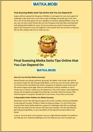 Final Guessing Matka Satta Tips Online that You Can Depend On