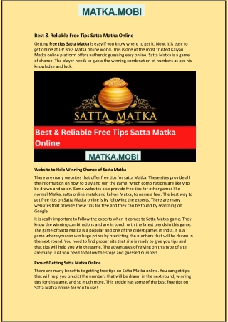 Best & Reliable Free Tips Satta Matka Online