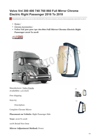 imsautoparts.com-Volvo Vnl 300 400 740 760 860 Full Mirror Chrome Electric Right Passenger 2016 To 2018